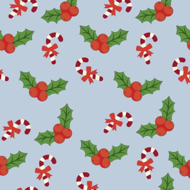 Kusursuz bir Noel deseni. Kırmızı bardak, zencefilli kurabiye adam ve modaya uygun retro çizgi film tarzında baston şeker. Kış festivali tasarımı için arka plan. Vektör illüstrasyonu