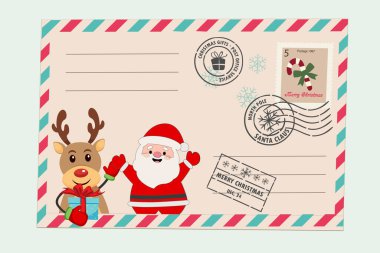 İçinde Noel Baba ve bayram geyiği resmi olan eski bir Noel zarfının şablonu. Eski tarz Noel kartı, lastik mühür, mühür. Mutlu noel kartları. Kış Tatili Vintage Tebrik Kartı.