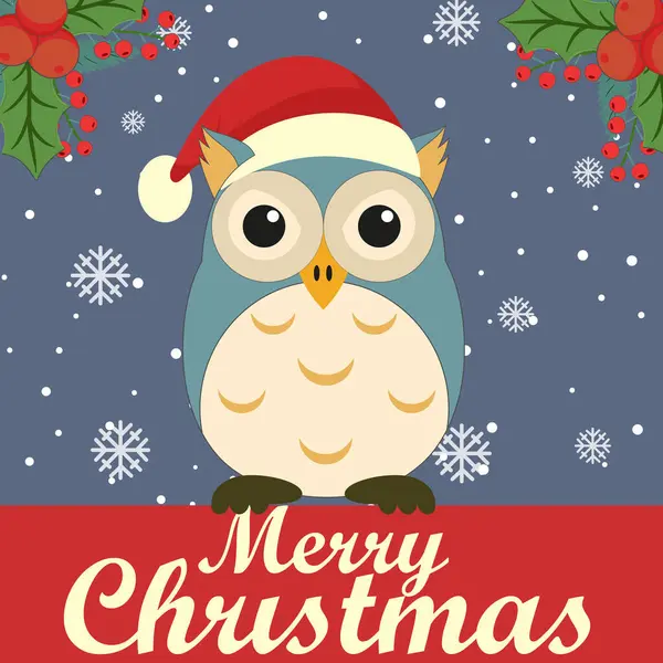 クリスマスフクロウ サンタクロースの帽子の新年の鳥 クリスマスキャラクター ポストカード ポスター プリント ウィンターホリデーお祝いヴィンテージグリーティングカード ベクター — ストックベクタ