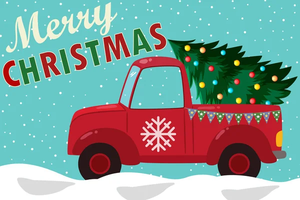 Süslü Noel ağacı olan kırmızı vintage bir kamyonet. Tebrik kartı. Kış Tatil Vintage tebrik kartı. Klasik Noel ve Yeni Yıl Dekorasyon Posteri. Vektör