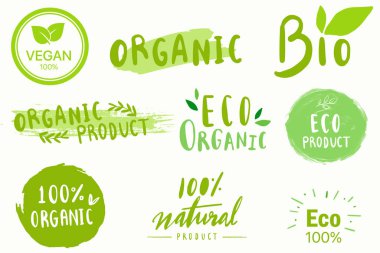 Vegan, Eco, Bio, Organik, Taze, Sağlıklı,% 100 doğal gıda seti. Doğal ürün. 30 amblem, kafe, logo, rozet, etiket, etiket, ambalaj koleksiyonu. Vektör illüstrasyonu