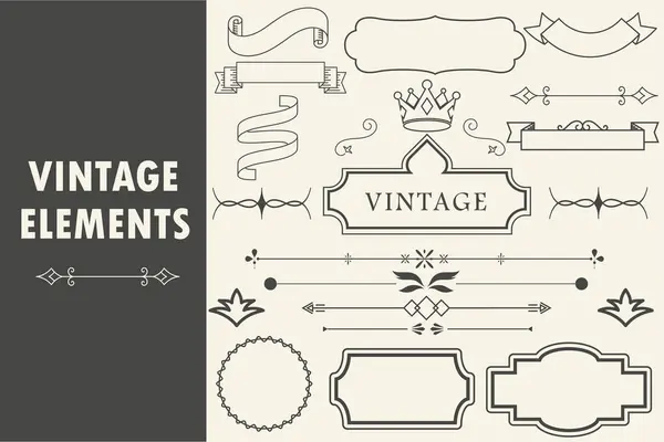 Set Vintage Line Elements Retro Design Elements Ornaments Frames Drawing — Stock Vector