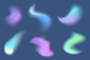 Şeffaf gökkuşağı kristali seti. Holografik soyut bulanık nokta. Yumuşak geometrik karışım grafik tasarımı izole edildi. Parlak sıvı renkli bulanık dinamik fırça darbesi parıltısı. Vektör