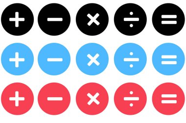 Matematiksel ikonlar. Matematiksel semboller kümesi: artı, eksi, çarpma, bölme eşittir. Beyaz arkaplanda izole vektör çizimi.