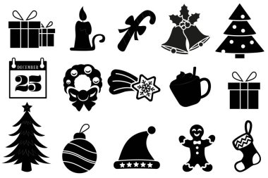 Noel Vektörü Simgesi Ayarlandı. Tatil sembolü. Xmas simgeleri ayarlandı. Noel Baba, hediye, melek, kutu, yay, çan, Noel ağacı, havai fişekler, kar, kardan adam, çanta. Vektör illüstrasyonu