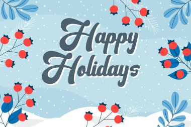 Mektuplu mutlu bayram tebrik kartları. Kar taneleri ve ilex dallarıyla vektör illüstrasyonu, kart tasarım şablonu