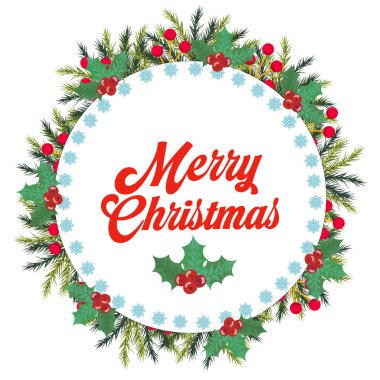 Mutlu Noeller ve el yazısı el yazısı ve Noel çelengi ile mutlu yıllar. Vektör illüstrasyonu