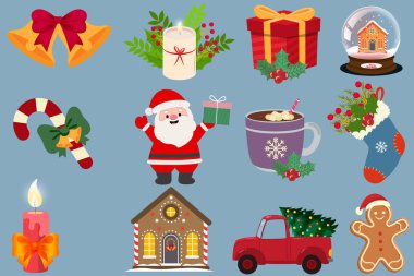 Noel dekorları ve karakterleri izole edilmiş. Xmas kartı, afiş, baskı, kalıp, ambalaj için. Vektör düz çizgi film illüstrasyonu