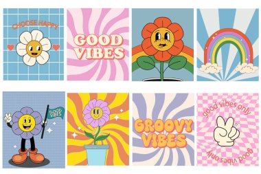 Havalı hippi 70 'ler seti. Komik karikatür çiçeği, gökkuşağı, barış, aşk, kalp, papatya, mantar vs. Moda modası geçmiş psikedelik çizgi film tarzında etiket paketi. Çiçek gücü. İzole vektör illüstrasyonu