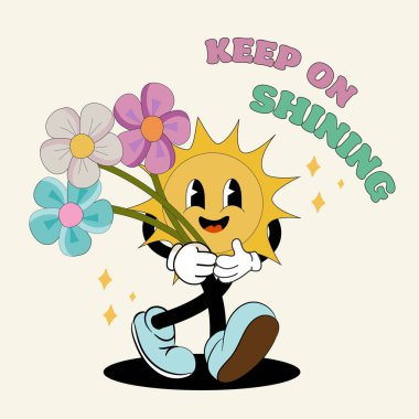 Şirin güneşli eski moda bir tırmanış. 60 'lar, 70' ler, 80 'ler çizgi film tarzı. Soyut moda, klasik, nostaljik estetik arka plan. Vektör illüstrasyonu