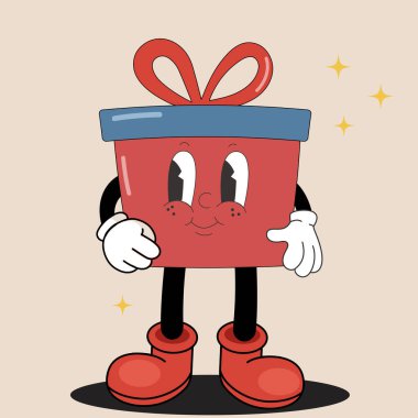 Şahane bir hediye kutusu karakter çizimi. Çizgi film, komik suratlı ve tuhaf bakışlı sevimli retro aşk simgesini izole etti. Vektör illüstrasyonu