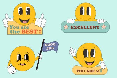 Happy face smile face job and great job stickers set vector illustration clipart