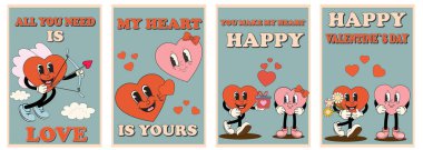 Kalbi olan eski moda posterleri hazırlayın. Aşk konsepti. Sevgililer Günün kutlu olsun. 70 'lerin modası geçmiş 60' lar çizgi film tarzı. Kart, kartpostal, baskı.