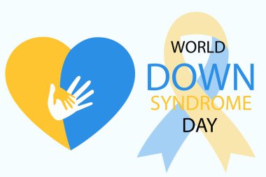 Down Sendromu Günü. Dünya Down Sendromu Günü. Yetişkin ve çocuk elleri sarı mavi kalbe. Tebrik kartı, poster, afiş, şablon tasarla