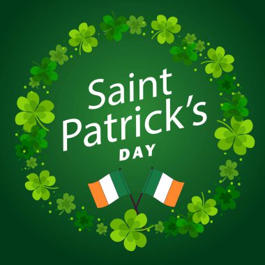  Aziz Patrick Günü. Düşen Yoncalar ve Yeşil Arkaplanda Tipografi Mektubu. İrlanda St. Patricks Şanslı Kutlama Vektör Tasarımı Flyer, Tebrik Kartı, Web Afişi, Tatil Posteri