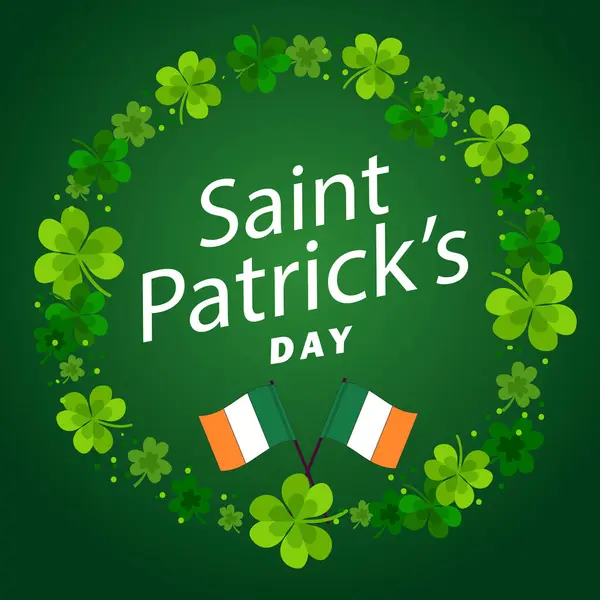 Aziz Patrick Günü. Düşen Yoncalar ve Yeşil Arkaplanda Tipografi Mektubu. İrlanda St. Patricks Şanslı Kutlama Vektör Tasarımı Flyer, Tebrik Kartı, Web Afişi, Tatil Posteri