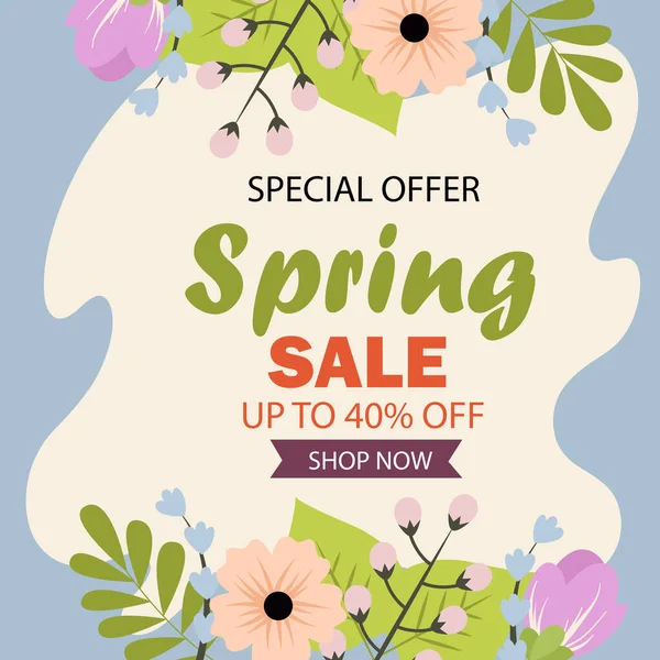 stock vector Seasonal colorful banner for the spring sale in a frame of flowers and leaves. Spring mood. Cartoon flat style. Vector illustration.