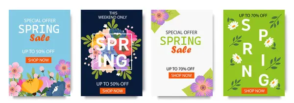 Establezca Pancartas Venta Primavera Con Hermosas Flores Colores Para Plantillas Vectores de stock libres de derechos
