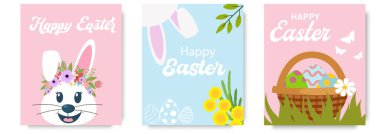 Sevimli tavşanlı, yumurtalı, çiçekli ve modern tipografili minimalist Paskalya posterleri. Şenlikli arka plan, kapak, satış afişi, broşür tasarımı. Reklam, web, sosyal medya şablonu.