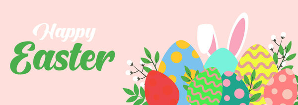Happy Easter banner. Greeting card, poster or banner with bunny, flowers and Easter egg. Egg hunt poster. Spring background