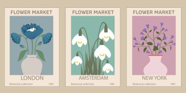 Farklı çiçek posterleri. Modern moda, acayip saf tarz, modaya uygun pastel renkler. Soyut papatya, haşhaş çiçekleri. Renkli çizimler, duvar sanatı, kartlar, kapaklar, arka planlar için mükemmel.