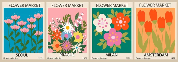 Soyut Çiçek Pazarı posterleri. Parlak renklerde çiçek desenli modaya uygun botanik duvar sanatları. Modern naif iç dekorasyonlar. Vektör sanatı illüstrasyonu