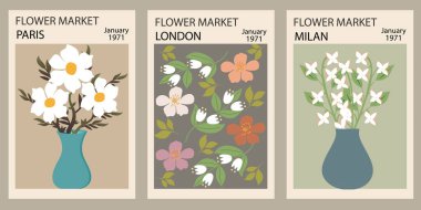 Soyut Çiçek Pazarı kompozisyonları. Kutlama kartları, davetiyeler, posterler, duvar resimleri için pastel renklerde modaya uygun botanik tasarımı. Vektör illüstrasyonu