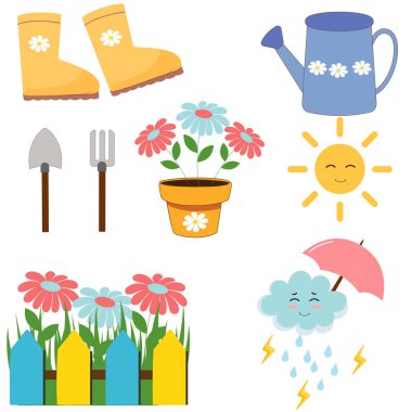  İlkbahar el yapımı elementler. Sarı lastik çizmeler, güneş, sulama kutusu, şemsiye, çiçekler. Koleksiyon defteri, tebrik kartı, poster, etiket ve çıkartma setine uygun. Vektör illüstrasyonu.