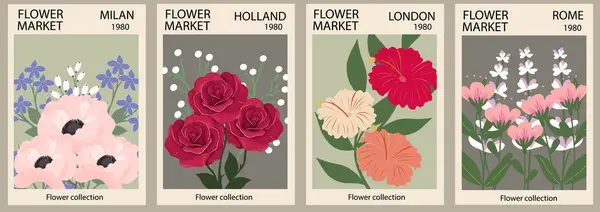 Conjunto Carteles Florales Abstractos Arte Pared Botánico Con Diseños Florales Ilustración de stock