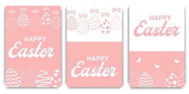  Mutlu Paskalya tebrik kartları seti. Paskalya yumurtalı kare afiş şablonları, dekoratif çiçek elementleri ve tavşan kulakları. Modern satış posterleri, tatil kapakları veya sosyal medya paylaşımları.