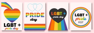 Gökkuşağı renginde güzel tebrik kartları. Sosyal medya paylaşımı, hikayeler, LGBT gökkuşağı bayrağıyla poster şablonu. Gurur ayı kutlaması için kart koleksiyonu. Neşeli geçit