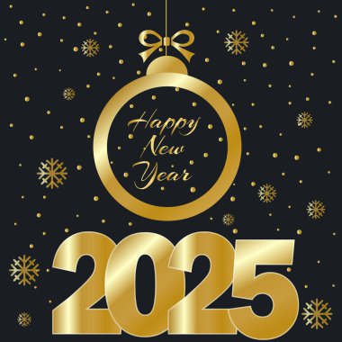 Mutlu yıllar 2025. Altın Kağıt Kesiği 2025. Mutlu Yıllar Kutlaması için Bauble 'ı siyah zemine asma numarası.