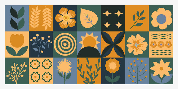 Bauhaus Spring geometric floral pattern. Minimal natural flower leaf plants simple shapes, agriculture concept. Trendy design templates with colorful geometric elements pattern