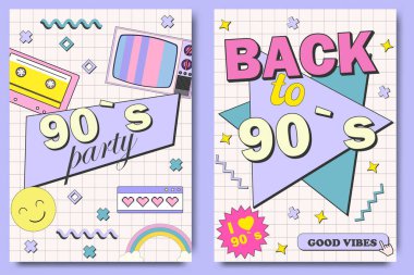 Retro parti posteri. 90 'ların grafik tasarım şablonu. 90 'ların müziği, klasik kaset ve 90' ların tarzı. davetiye kartı parti zamanı reklam afişi arka planı
