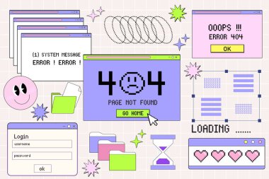 90 'ların buhar dalgası tarzında eski bir bilgisayar tarayıcısı ve gülen surat hipster çıkartmaları. Pencere, sosyal medya uygulama şablonları. 80 'lerin eski bilgisayar UI elementleri ve klasik estetik simgeler.