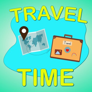 Seyahat zamanı vektör pankartı tasarımı. Seyahat eden elementlerle metin yazma zamanı. Modern moda renkli tasarım. Sosyal medya gönderileri için vektör şablonu.