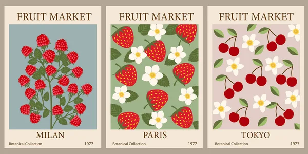 Soyut Fruit Market retro posterleri. Kirazlı, çilekli, ahududu meyveli moda galeri resimleri. Modern naif, modaya uygun iç dekorasyon, tablolar. Vektör sanatı illüstrasyonu.