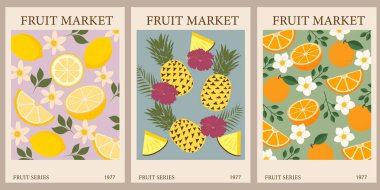  Soyut Fruit Market posterleri. Ananas, limon ve portakallı moda duvar resimleri. Modern naif, modaya uygun iç dekorasyon, tablolar. Vektör sanatı illüstrasyonu