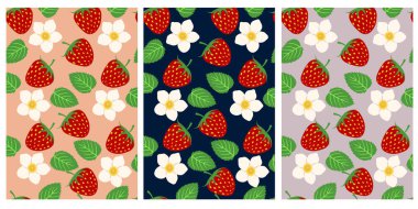 Çilekli bir dizi vektörsüz şablon. Yaz geçmişleri. Çilekli yaratıcı yaz konsepti. Kalp, çilek, çiçek ve modern tipografi ile modern sanat tasarımı