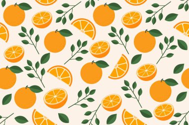 Tatlı tropikal meyve portakallı kusursuz desen. Kumaşlar, dekoratif kağıtlar, tekstil baskılar için şirin bir yaz geçmişi. Kutlama için şablonlar, reklamlar, markalar, afişler, kapaklar, etiketler, posterler