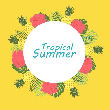 Tropik yaz afişi. Tropikal yapraklar, ananas ve çiçeklerin parlak, renkli, sarı arkaplanı. Yaratıcı, egzotik, komik bir çerçeve. Poster, internetteki mesaj, şablon, kartpostal
