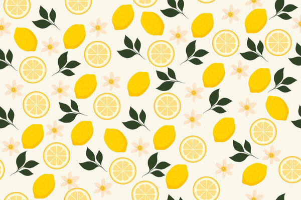 Tropical seamless pattern with yellow lemons. Cute fruit summer background. Modern naive groovy funky interior decorations. Vector bright modern print for paper, cover, fabric.