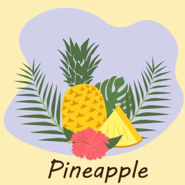 Ananas. Ananas Meyve Vektörü İllüstrasyonu. Yazın sulu olsun diye renkli bir ananas dilimi. Arkaplan, pankart, duvar kağıdı, poster tasarımı