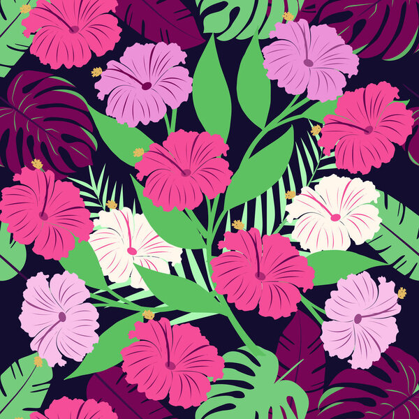 Tropical seamless pattern. Nature textured hibiscus flowers seamless patter, vivid color background