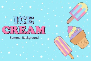 Dondurma yaz arkaplanı. Yaz dondurmalı tatlı. Duvar kağıdı konsepti. Yaz partisi afişi. Yaz festivali tasarımı, bar menüsü, tropik arka plan