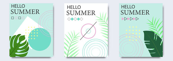Summer party poster pattern set, geometric memphis style. Cool trendy flyer with type quote. Tropical palm leaf for travel banner, music cover, fashion print