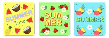 Yazlık kartların yaratıcı konsepti. Çilekli modern sanat tasarımı, karpuz, ananas, çiçekler ve modern tipografi. Kutlama için şablonlar, reklamlar, markalar, afişler, kapaklar, etiketler, posterler