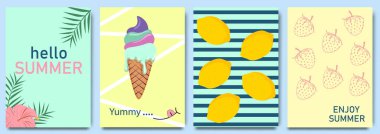  Yaratıcı yaz konsepti parlak ve sulu arka plan. Dondurma, limon ve tropikal yapraklı modern soyut sanat tasarımı. Kutlama için şablonlar, reklamlar, markalar, afişler, kapaklar, etiketler, posterler