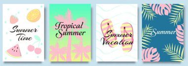 Summer set vektör poster tasarımı. Merhaba, tropikal meyveler ve yaz kutlamaları arka planlı yaz metni. Yaz tatili, yolculuk, tatil gezisi çizimleri.