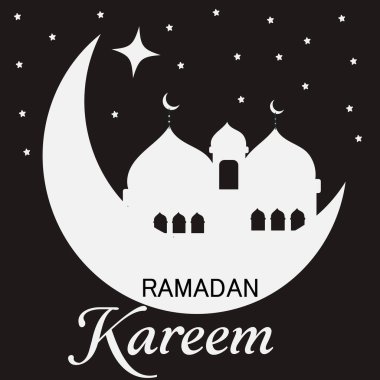 Ramazan Kareem afişi, poster, kart, tatil kapağı. Modern sanat tasarımı, eski güzel Arap şehrinin desenli parlak hilal ve yıldızların arkaplanına karşı.